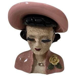 Vintage Pink Lady Vase Made in Japan Woman Planter Girl Rose Hat Antique